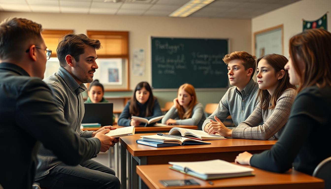 Students studying together in modern classroom